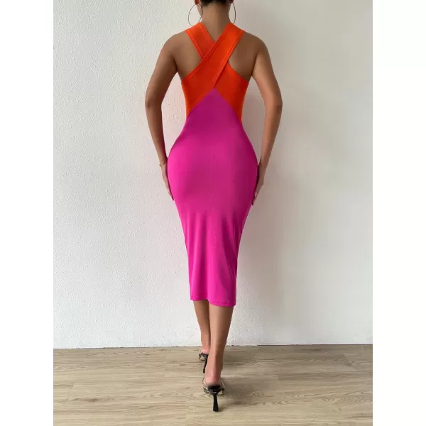 WDIRARA Women's Deep V Neck Cut Out Split Side Backless Midi Bodycon Halter Dress