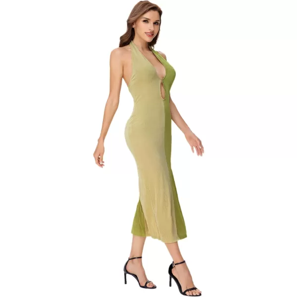 WDIRARA Women's Deep V Neck Cut Out Split Side Backless Midi Bodycon Halter Dress