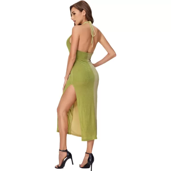 WDIRARA Women's Deep V Neck Cut Out Split Side Backless Midi Bodycon Halter Dress