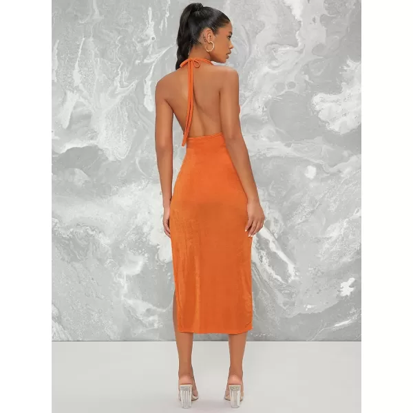 WDIRARA Women's Deep V Neck Cut Out Split Side Backless Midi Bodycon Halter Dress