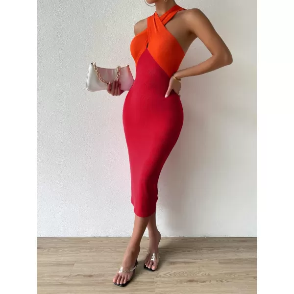 WDIRARA Women's Deep V Neck Cut Out Split Side Backless Midi Bodycon Halter Dress