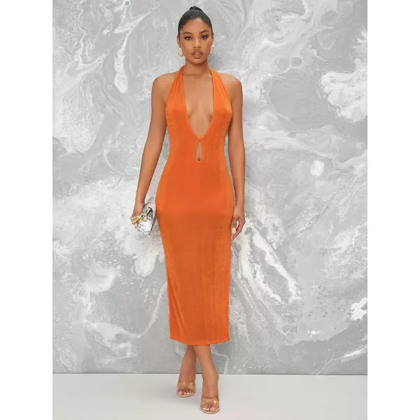 WDIRARA Women's Deep V Neck Cut Out Split Side Backless Midi Bodycon Halter Dress