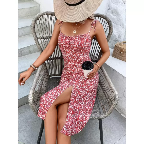 WDIRARA Women's Floral Print Tie Shoulder Split Thigh Sleeveless Boho Cami Dress