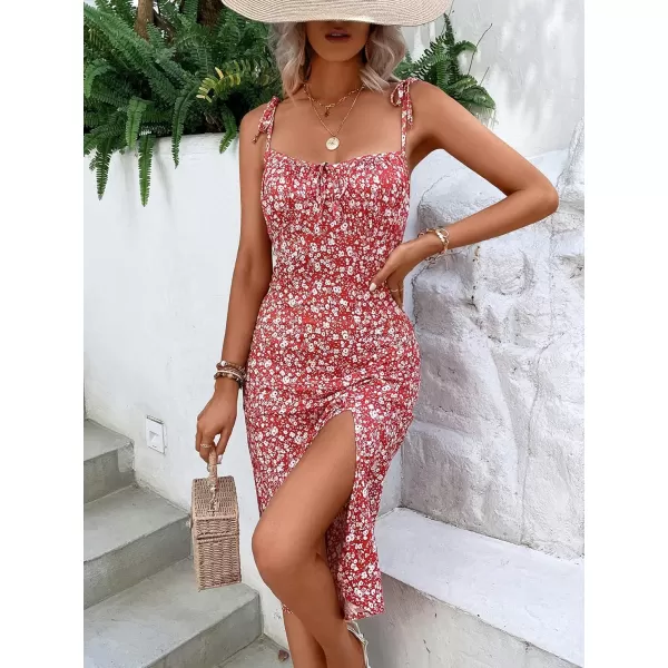 WDIRARA Women's Floral Print Tie Shoulder Split Thigh Sleeveless Boho Cami Dress