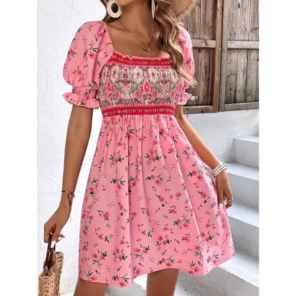 WDIRARA Women's Square Neck Flounce Short Sleeve Shirred Ruffle Hem Dress
