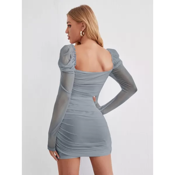 WDIRARA Women's Square Neck Mesh Overlay Puff Long Gigot Sleeve Frill Trim Bodycon Dress