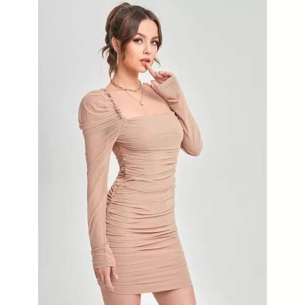 WDIRARA Women's Square Neck Mesh Overlay Puff Long Gigot Sleeve Frill Trim Bodycon Dress