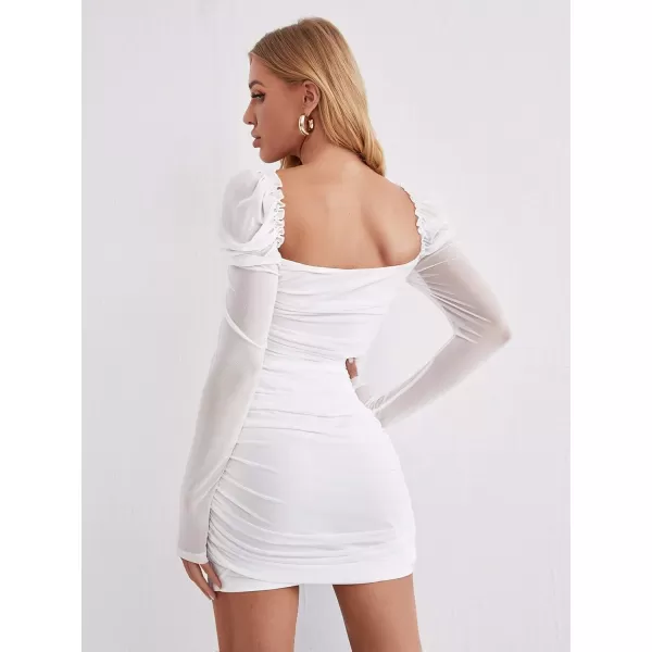 WDIRARA Women's Square Neck Mesh Overlay Puff Long Gigot Sleeve Frill Trim Bodycon Dress