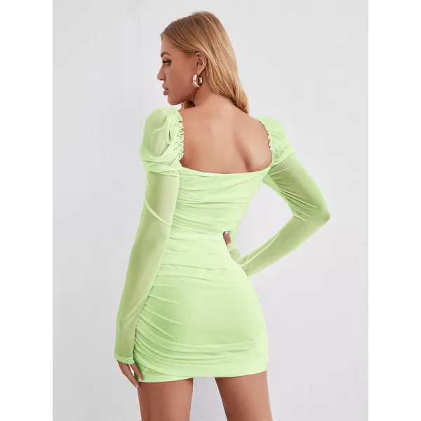 WDIRARA Women's Square Neck Mesh Overlay Puff Long Gigot Sleeve Frill Trim Bodycon Dress