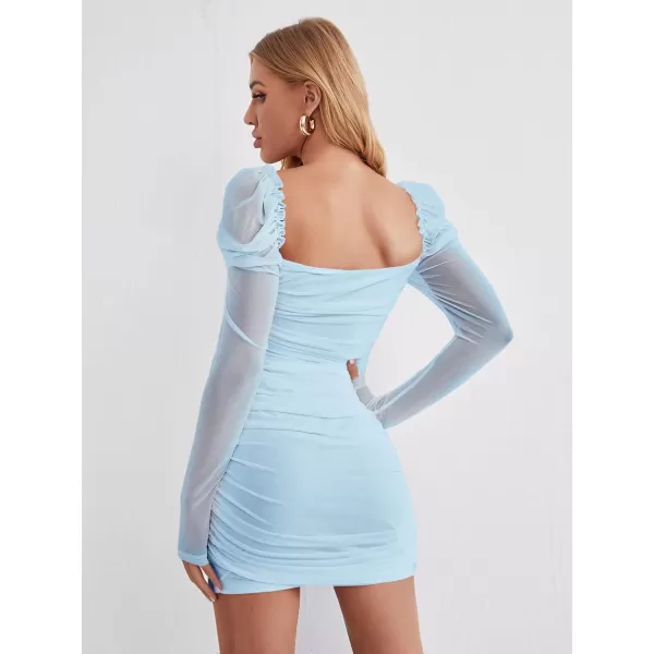 WDIRARA Women's Square Neck Mesh Overlay Puff Long Gigot Sleeve Frill Trim Bodycon Dress