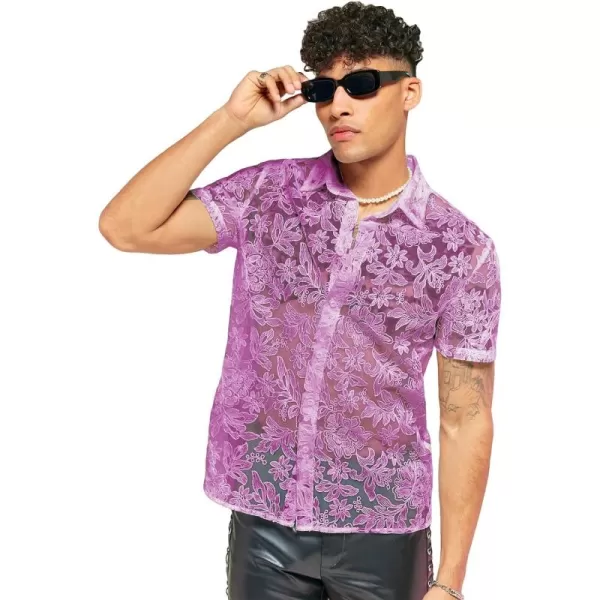 WDIRARA Men's Summer Sheer Lace Shirt Floral Pattern Pocket Button Front Short Sleeve Party Club Shirts