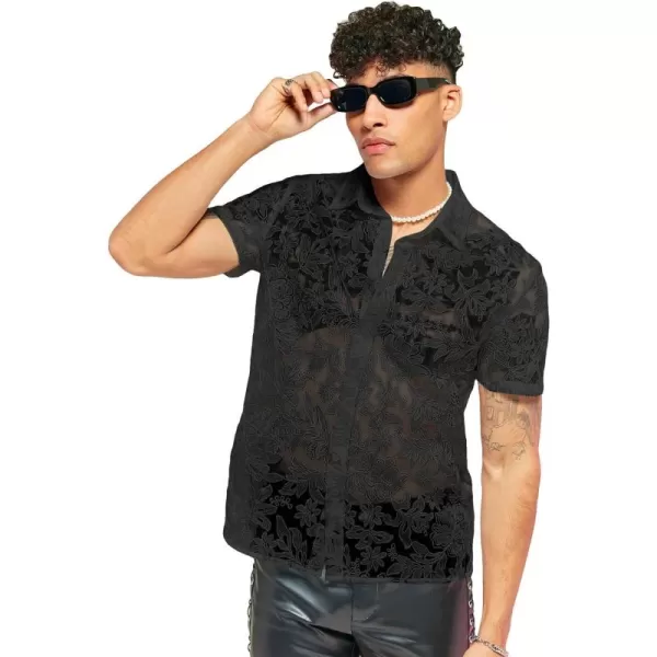 WDIRARA Men's Summer Sheer Lace Shirt Floral Pattern Pocket Button Front Short Sleeve Party Club Shirts