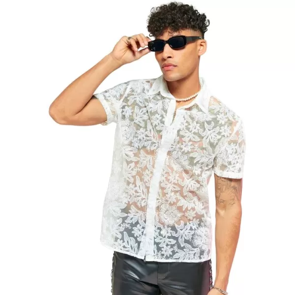 WDIRARA Men's Summer Sheer Lace Shirt Floral Pattern Pocket Button Front Short Sleeve Party Club Shirts