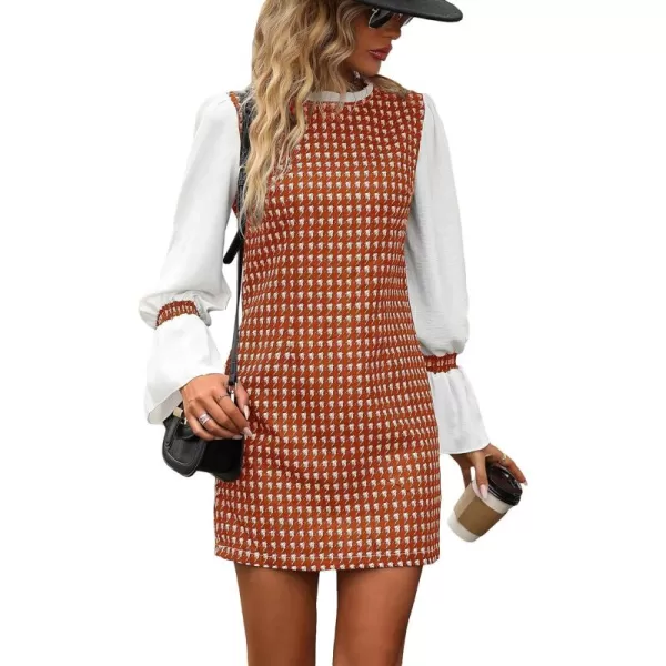 WDIRARA Women's Colorblock Plaid Stand Collar Flounce Sleeve Frill Trim Tweed A Line Mini Dress