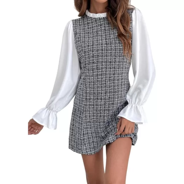 WDIRARA Women's Colorblock Plaid Stand Collar Flounce Sleeve Frill Trim Tweed A Line Mini Dress
