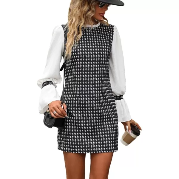 WDIRARA Women's Colorblock Plaid Stand Collar Flounce Sleeve Frill Trim Tweed A Line Mini Dress