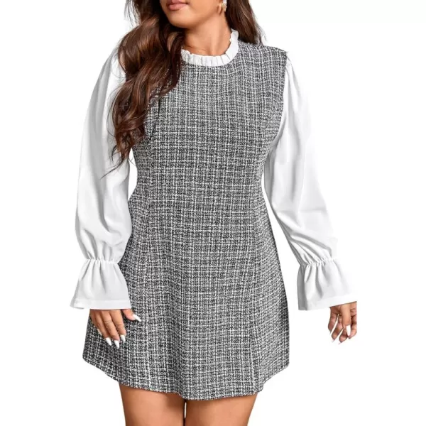 WDIRARA Women's Colorblock Plaid Stand Collar Flounce Sleeve Frill Trim Tweed A Line Mini Dress