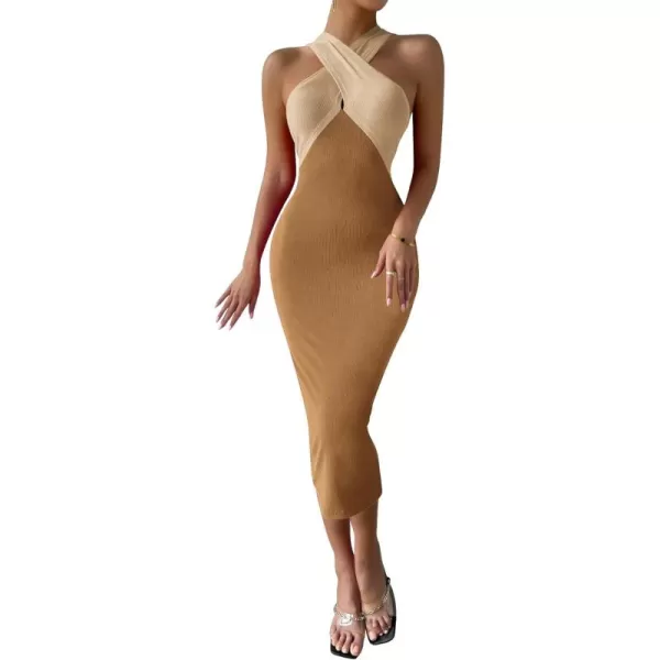 WDIRARA Women's Deep V Neck Cut Out Split Side Backless Midi Bodycon Halter Dress