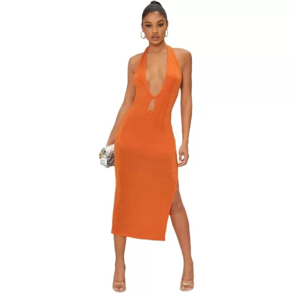 WDIRARA Women's Deep V Neck Cut Out Split Side Backless Midi Bodycon Halter Dress