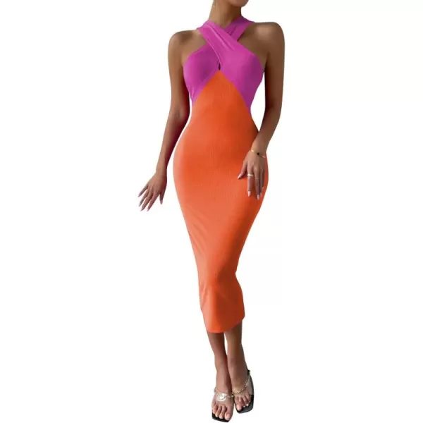 WDIRARA Women's Deep V Neck Cut Out Split Side Backless Midi Bodycon Halter Dress