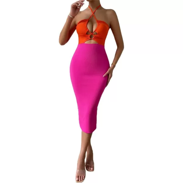 WDIRARA Women's Deep V Neck Cut Out Split Side Backless Midi Bodycon Halter Dress