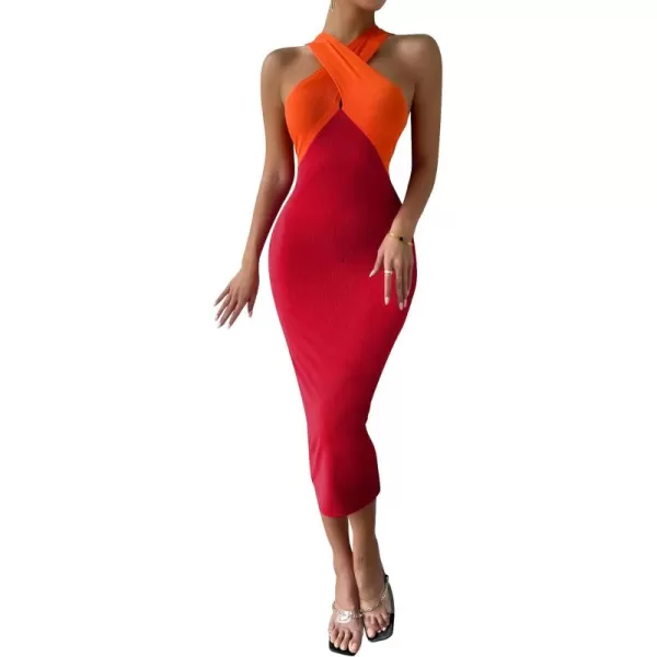 WDIRARA Women's Deep V Neck Cut Out Split Side Backless Midi Bodycon Halter Dress