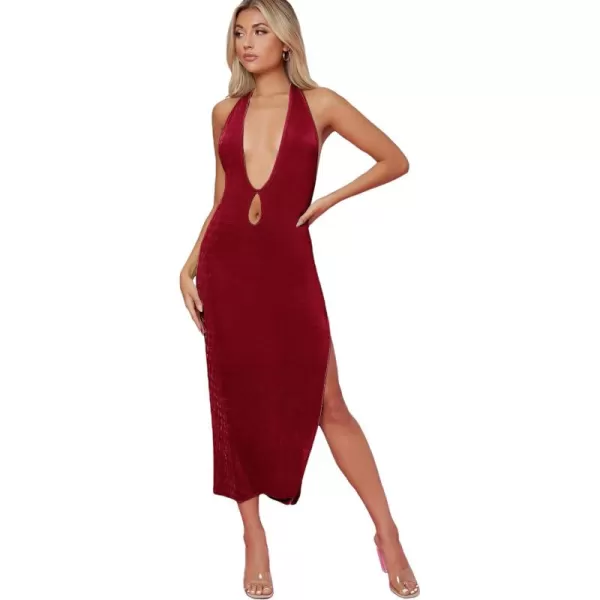 WDIRARA Women's Deep V Neck Cut Out Split Side Backless Midi Bodycon Halter Dress