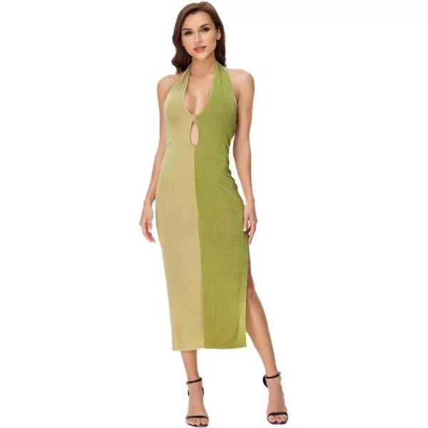 WDIRARA Women's Deep V Neck Cut Out Split Side Backless Midi Bodycon Halter Dress
