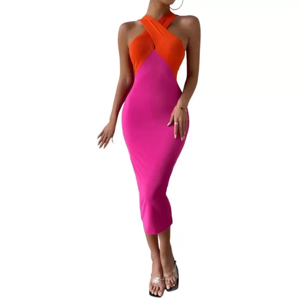 WDIRARA Women's Deep V Neck Cut Out Split Side Backless Midi Bodycon Halter Dress