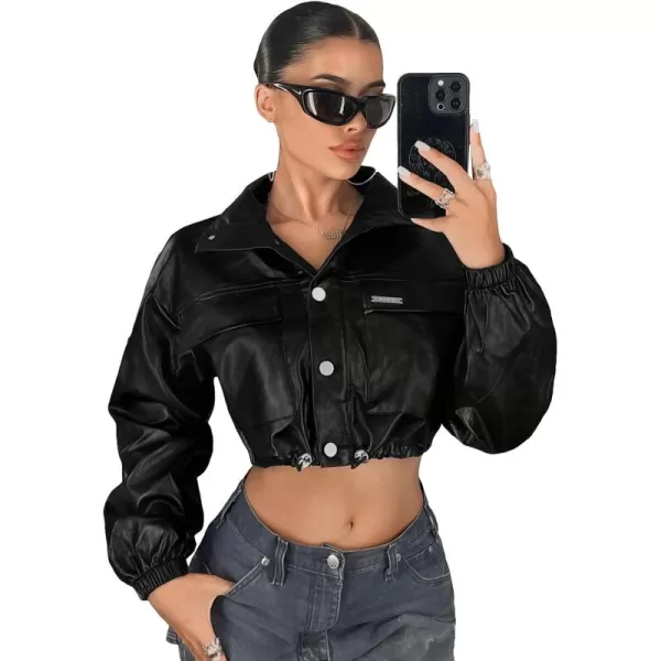 WDIRARA Women's Flap Front Button Down Pu Leather Coat Long Sleeve Collar Crop Jacket