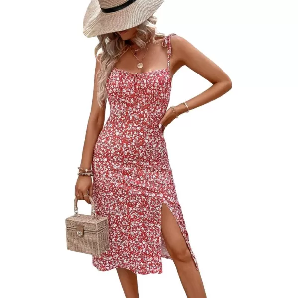 WDIRARA Women's Floral Print Tie Shoulder Split Thigh Sleeveless Boho Cami Dress