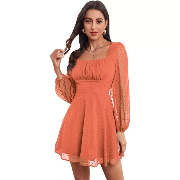 WDIRARA Women's Polka Swiss Dots Mesh Square Neck Lantern Bishop Sleeve Chiffon Dress