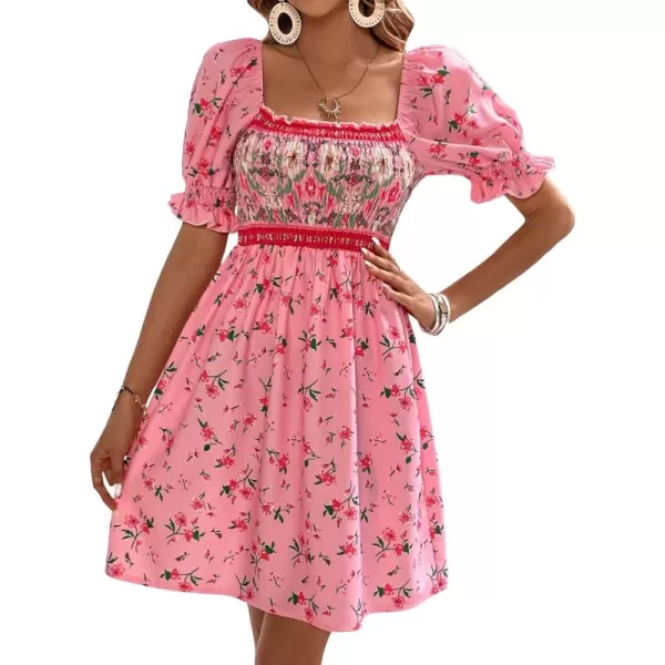 WDIRARA Women's Square Neck Flounce Short Sleeve Shirred Ruffle Hem Dress