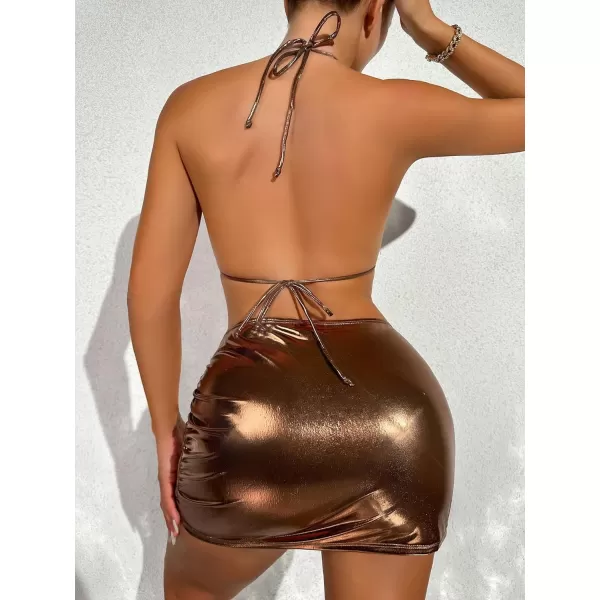 WDIRARA Women's 3 Piece Metallic Swimsuits Halter Triangle String Bikini Set with Beach Skirt