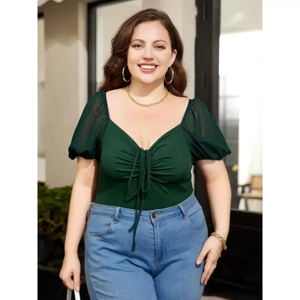 WDIRARA Women's Plus Size Drawstring Tie Front Ruched Chiffon Short Lantern Sleeve Solid Bodysuit