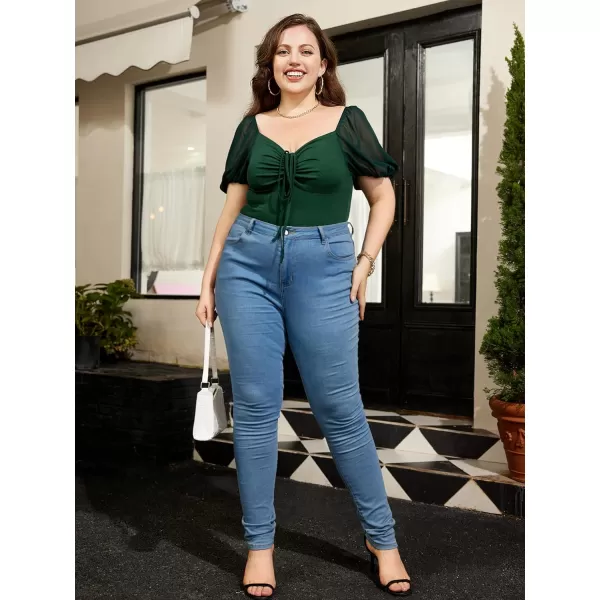 WDIRARA Women's Plus Size Drawstring Tie Front Ruched Chiffon Short Lantern Sleeve Solid Bodysuit
