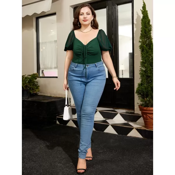 WDIRARA Women's Plus Size Drawstring Tie Front Ruched Chiffon Short Lantern Sleeve Solid Bodysuit