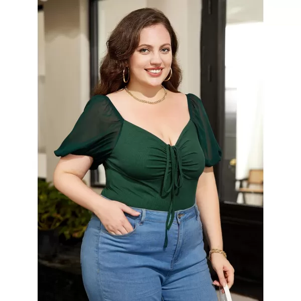 WDIRARA Women's Plus Size Drawstring Tie Front Ruched Chiffon Short Lantern Sleeve Solid Bodysuit