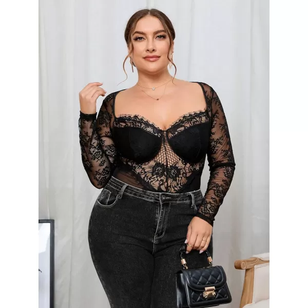 WDIRARA Women's Plus Size Floral Lace Sweetheart Neck Sheer Mesh Long Sleeve Party Bodysuit