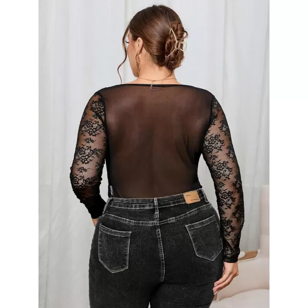 WDIRARA Women's Plus Size Floral Lace Sweetheart Neck Sheer Mesh Long Sleeve Party Bodysuit