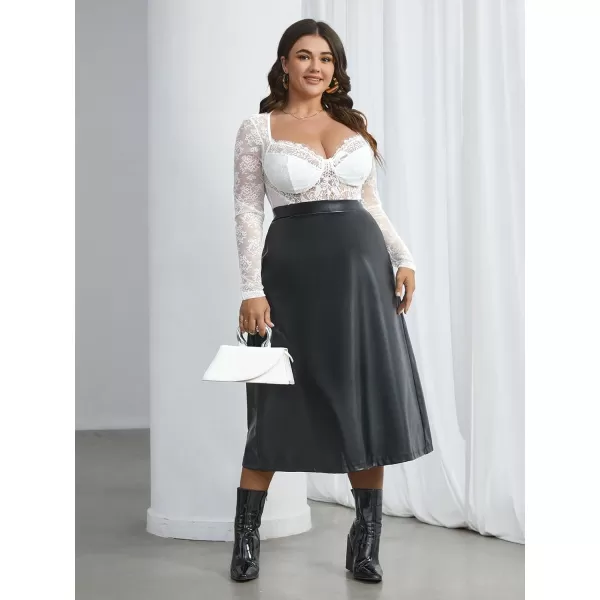WDIRARA Women's Plus Size Floral Lace Sweetheart Neck Sheer Mesh Long Sleeve Party Bodysuit