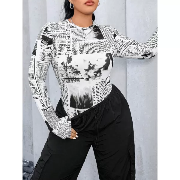 WDIRARA Women's Plus Size Newspaper Printed Bodysuits All Over Print Long Sleeve Bodysuit Shirts