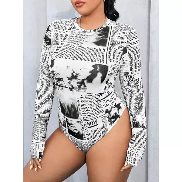 WDIRARA Women's Plus Size Newspaper Printed Bodysuits All Over Print Long Sleeve Bodysuit Shirts