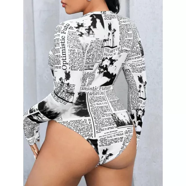 WDIRARA Women's Plus Size Newspaper Printed Bodysuits All Over Print Long Sleeve Bodysuit Shirts