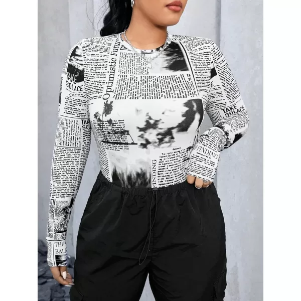 WDIRARA Women's Plus Size Newspaper Printed Bodysuits All Over Print Long Sleeve Bodysuit Shirts