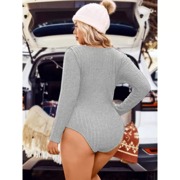 WDIRARA Women's Plus Size Ribbed Knit Wrap V Neck Long Sleeve Stretchy Basic Bodysuit Tops