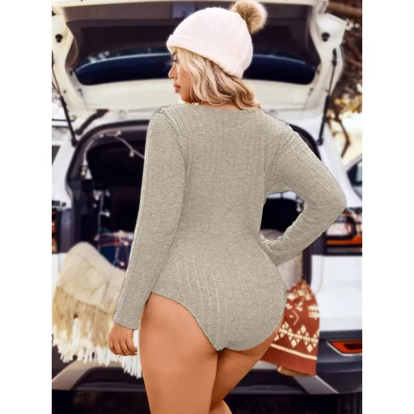 WDIRARA Women's Plus Size Ribbed Knit Wrap V Neck Long Sleeve Stretchy Basic Bodysuit Tops