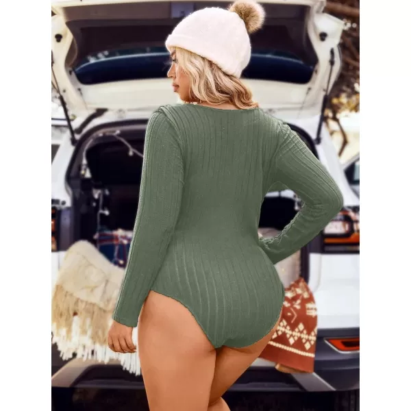 WDIRARA Women's Plus Size Ribbed Knit Wrap V Neck Long Sleeve Stretchy Basic Bodysuit Tops