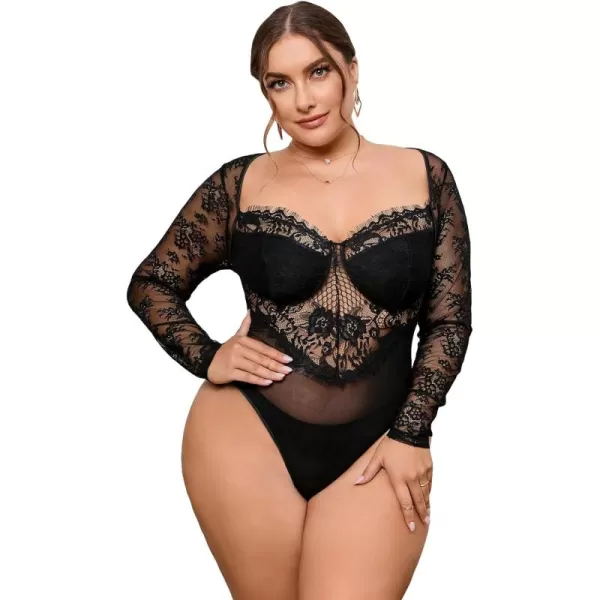 WDIRARA Women's Plus Size Floral Lace Sweetheart Neck Sheer Mesh Long Sleeve Party Bodysuit
