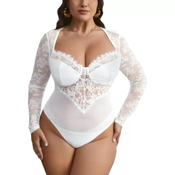 WDIRARA Women's Plus Size Floral Lace Sweetheart Neck Sheer Mesh Long Sleeve Party Bodysuit